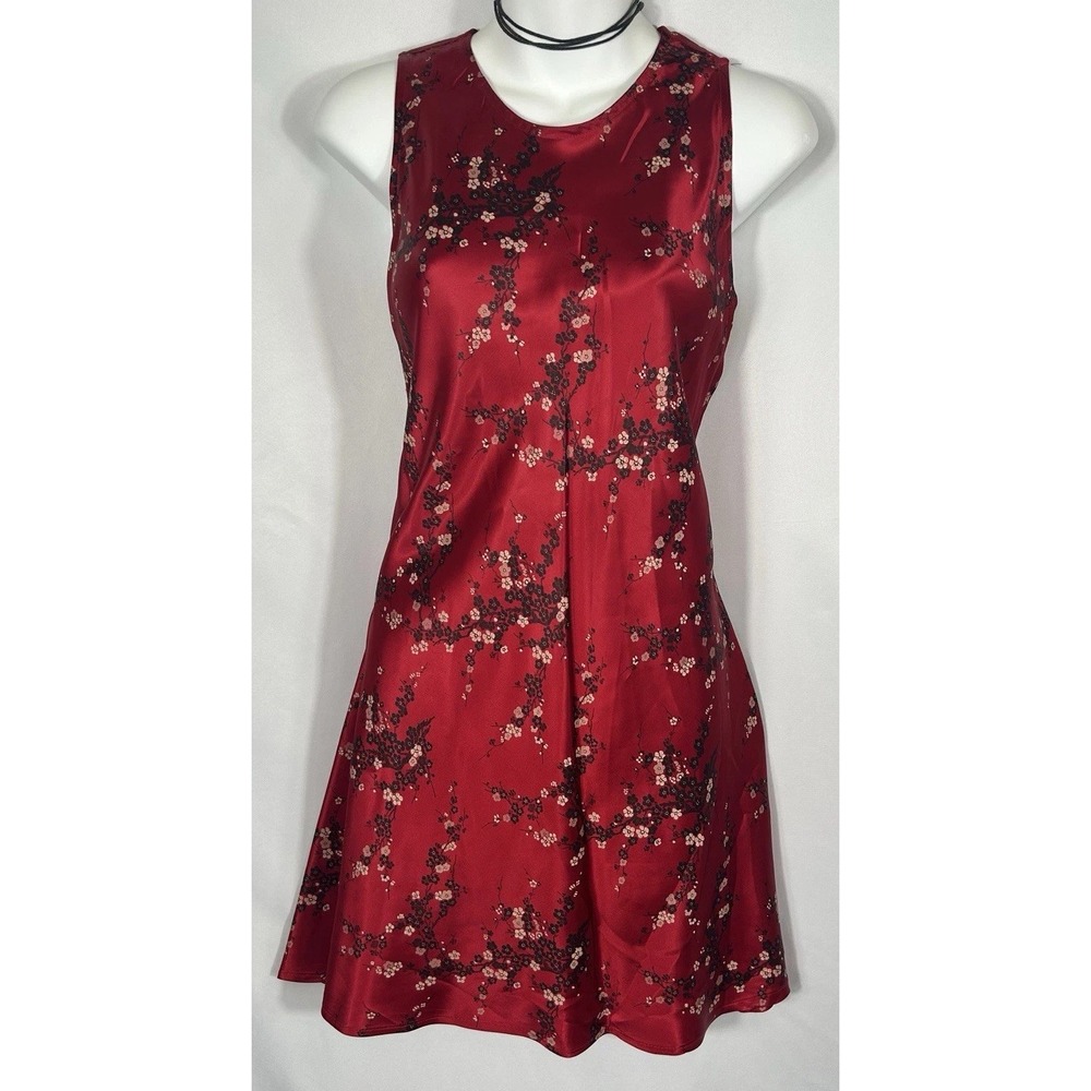 Vintage USA Satin Dress 7/8 Asian Cherry Blossom Y2K 90s Fairy Grunge Whimsigoth